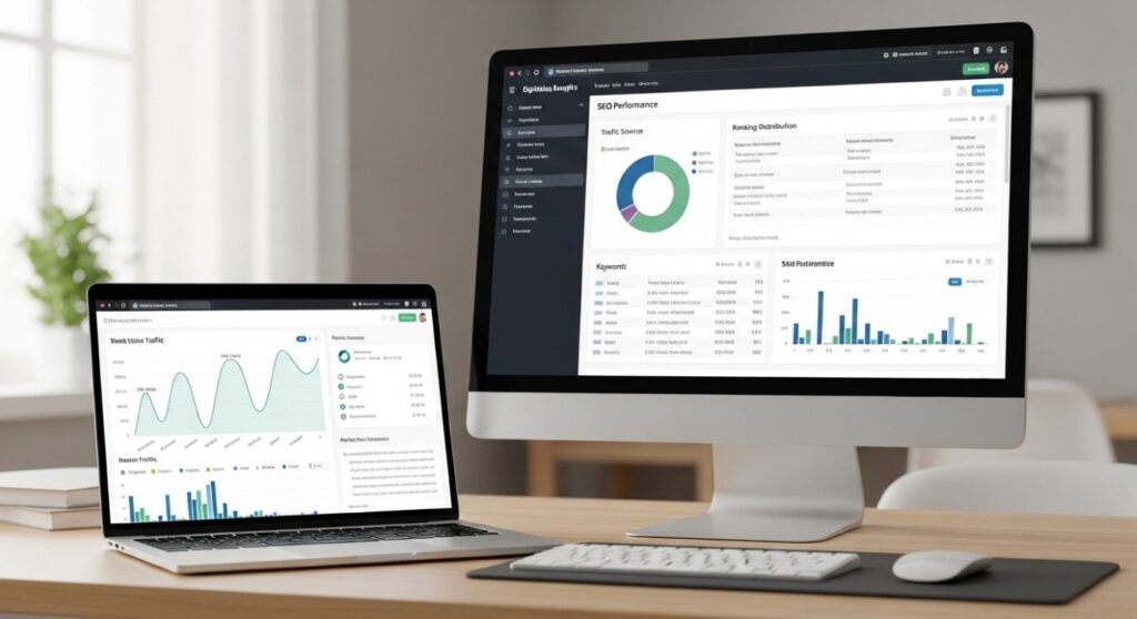 SEO services overview showing analytics dashboards and performance metrics